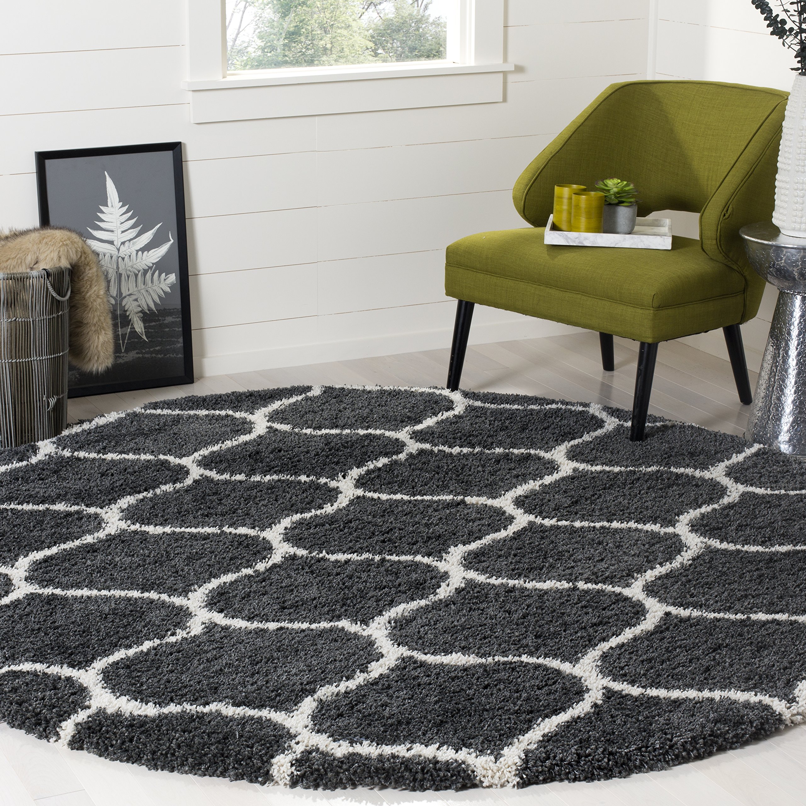 SAFAVIEH Hudson Shag Collection Area Rug - 8' Round, Dark Grey & Ivory, Trellis Ogee Design