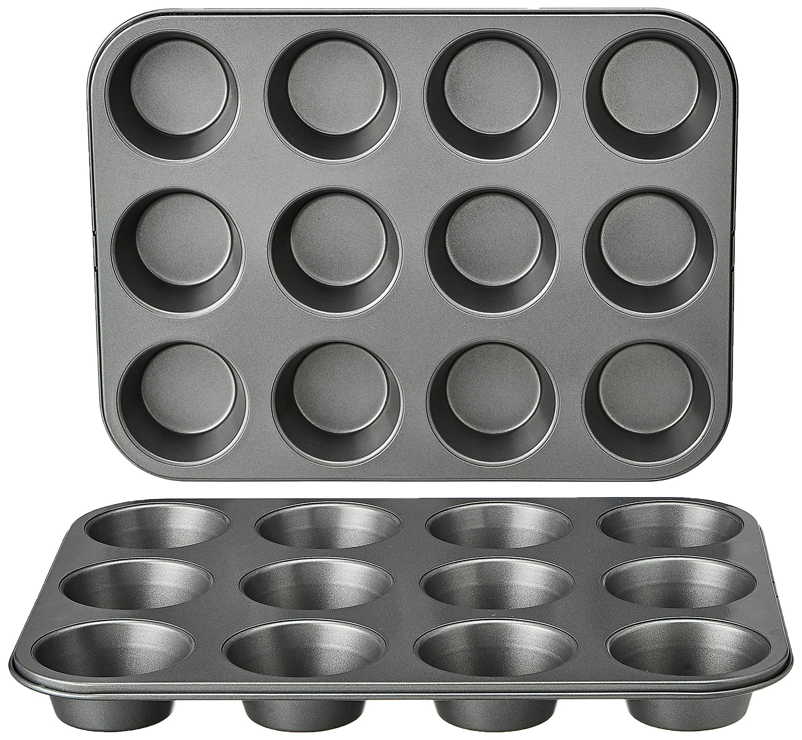 Amazon Basics Nonstick Muffin Pan, Set of 2, Sturdy, Oven Safe, Bakes Evenly, Easy to Clean, 12 Cups