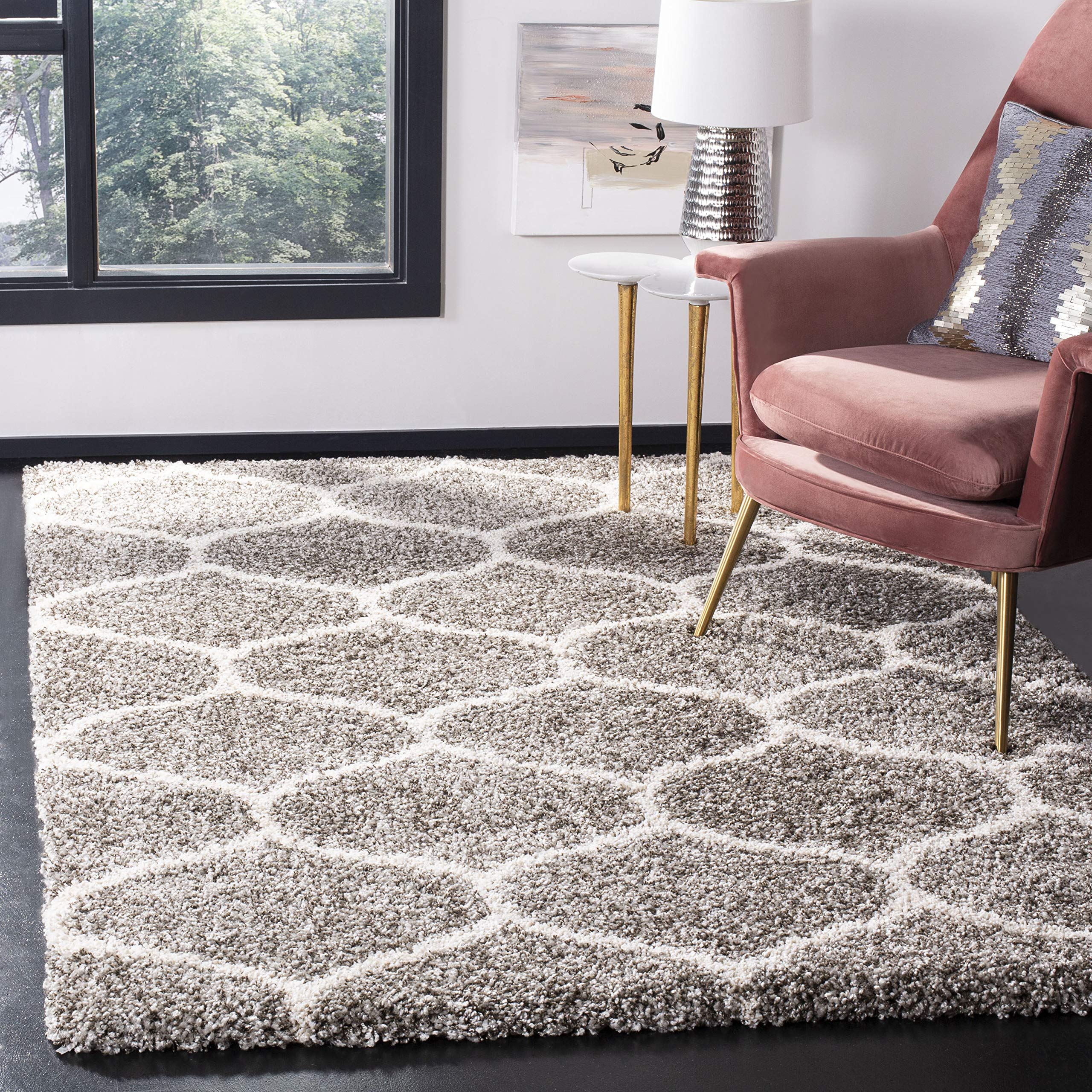 SAFAVIEH Hudson Shag Collection Area Rug - 5'3\" x 7'6\", Grey & Ivory, Moroccan Trellis Design